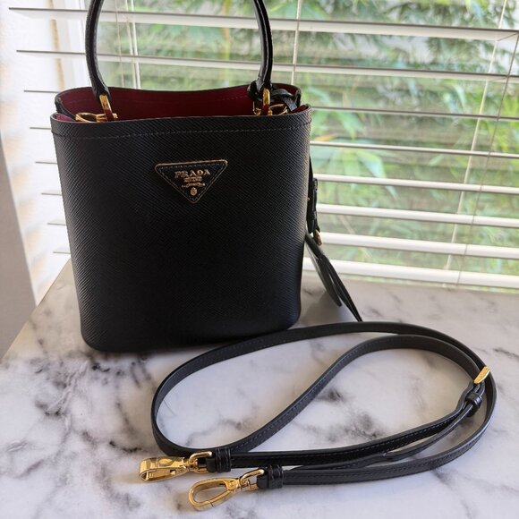 Authentic Prada Panier Small Black Saffiano Leather Bag with Red Interior - Picture 3 of 13